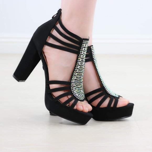 Black Rhinestone T-Strap Platform Sandals Women’s Block Heel Evening Party Shoes - Picture 2 of 16